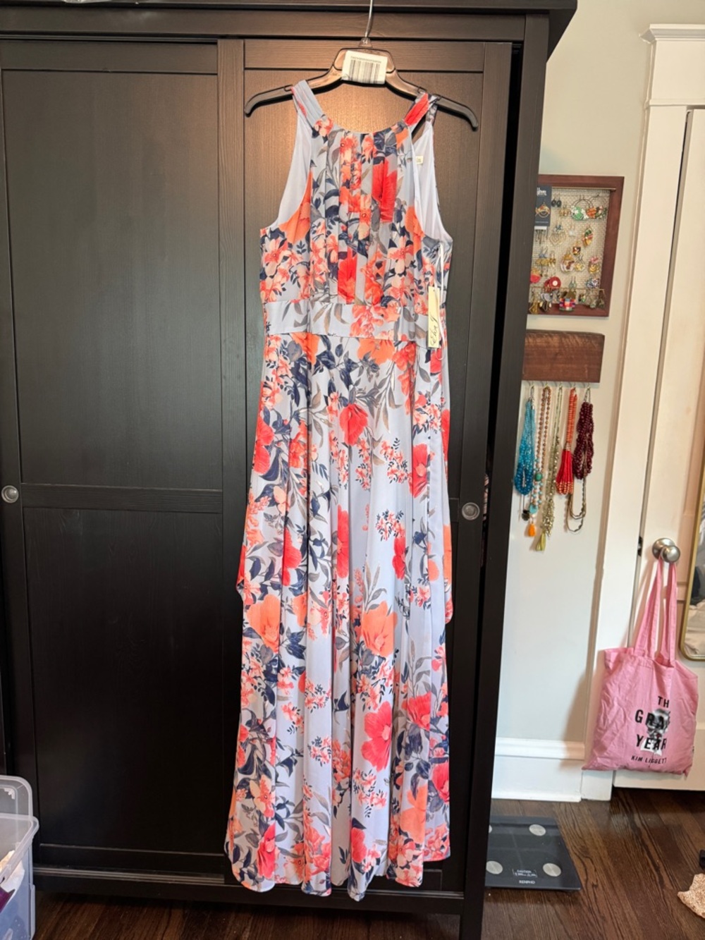 Eliza J Size 14 Floral Halter Maxi Dress in Coral, Light Blue & Navy